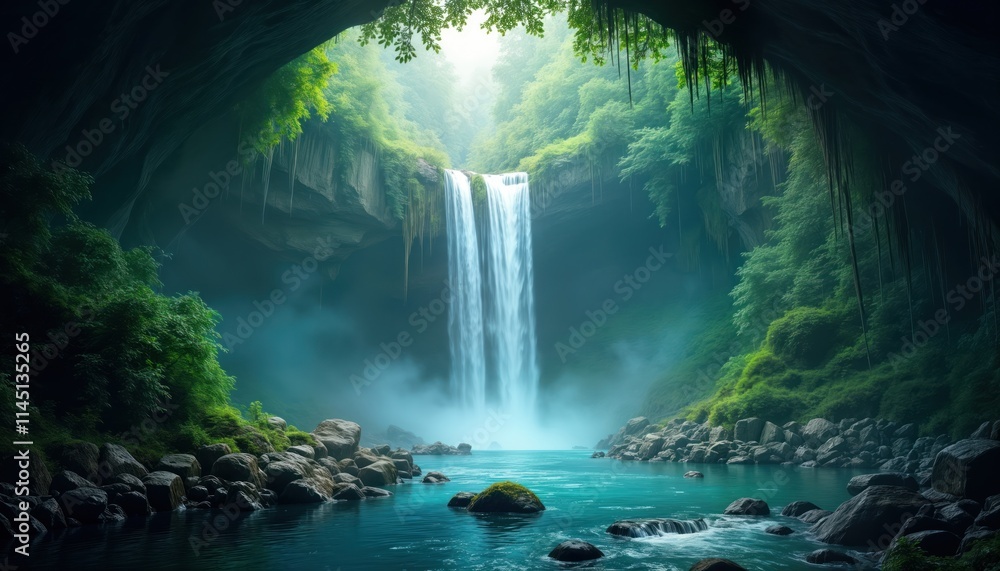 custom made wallpaper toronto digitalEnchanted waterfall cave in green tropical forest. Waterfall cascading down rocky cliff face. Water pools at base of waterfall. Mossy rocks, rich vegetation surround tranquil scene. Hidden cave
