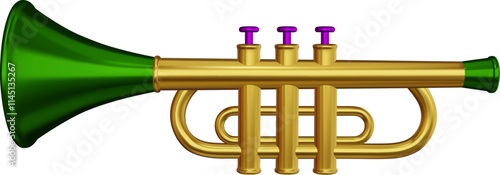 isolated mardi gras trumpet. 3d trumpet with mardi gras colors