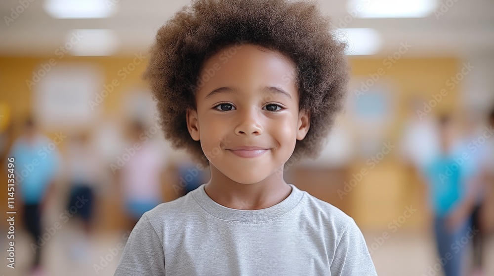 Cute young boy with curly hair smiling in a vibrant classroom setting exuding a sense of joy curiosity and youthful energy in a bright and welcoming environment Cute young boy with curly hair smiling in a vibrant classroom setting exuding a sense of joy curiosity and youthful energy in a bright and welcoming environment