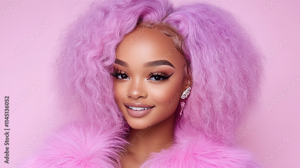 Glamorous woman with voluminous pink hair in vibrant studio setting radiating confidence and striking beauty with a playful fashion-forward style Glamorous woman with voluminous pink hair in vibrant studio setting radiating confidence and striking beauty with a playful fashion-forward style