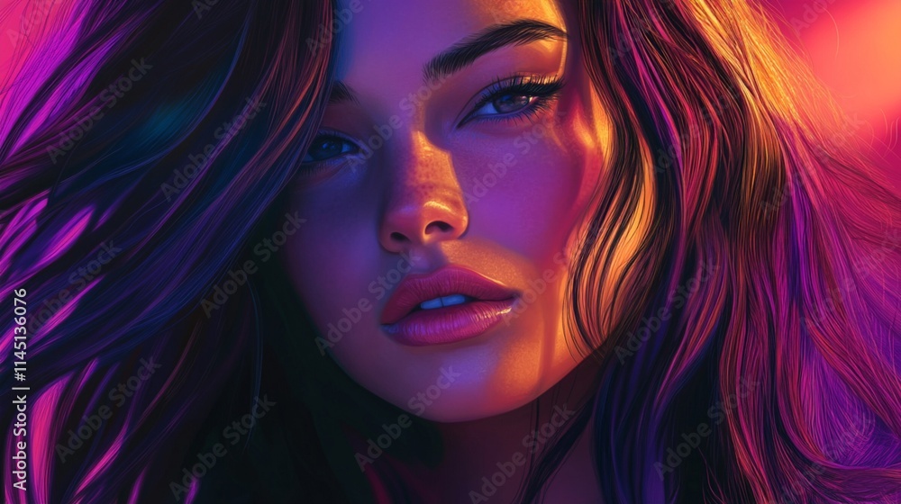 Artistic portrait illuminated by vibrant neon lights creating dramatic shadows and highlights on facial features, with purple and pink hues dominating the dreamy atmosphere. Artistic portrait illuminated by vibrant neon lights creating dramatic shadows and highlights on facial features, with purple and pink hues dominating the dreamy atmosphere.