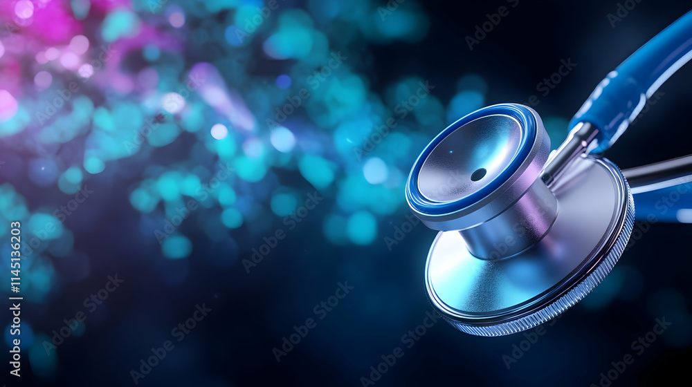 Stethoscope Emits a Soft Blue Light with Bokeh Background, Medical Equipment Shines with Healthcare Concept. Stethoscope Emits a Soft Blue Light with Bokeh Background, Medical Equipment Shines with Healthcare Concept.