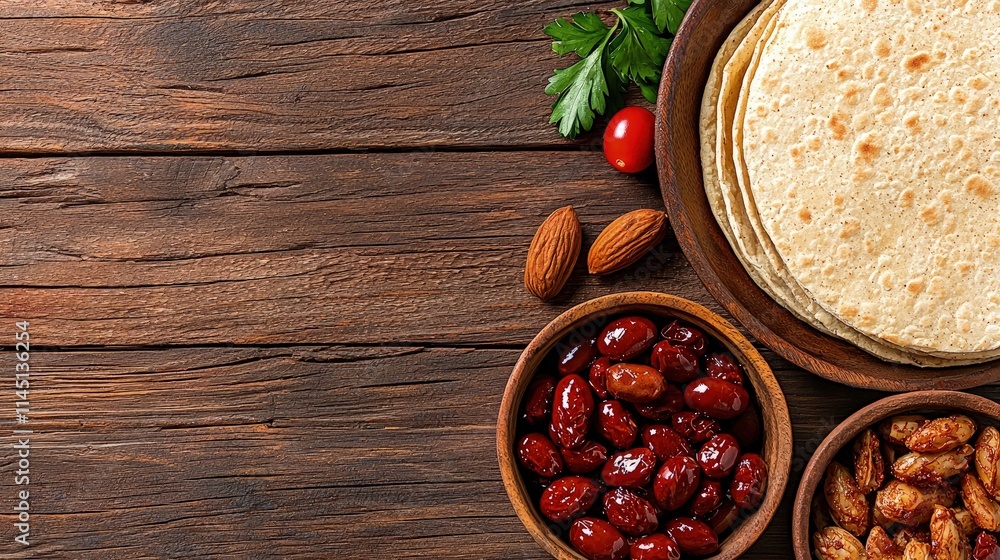 Flatlay of tortillas, dates, almonds, and parsley on rustic wood.