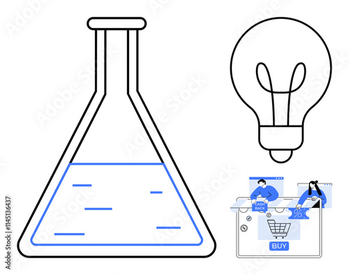 Flask, light bulb, and tablet with online shopping scene. Ideal for science, technology, innovation, e-commerce, business strategy creativity marketing. Line metaphor