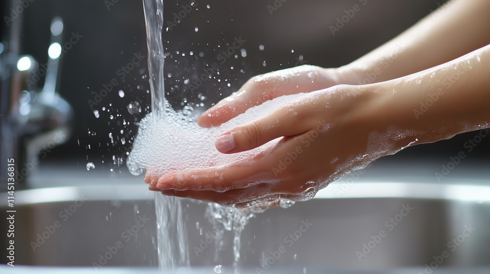 Fototapeta premium Woman Washing Hands With Soap and Water Under a Kitchen Faucet