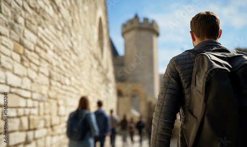 A person walking towards a historic stone structure with others nearby. photo