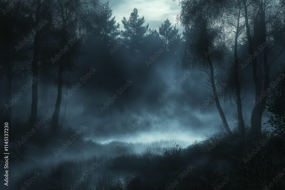 Fototapeta premium Misty night scene, dark forest, still water.