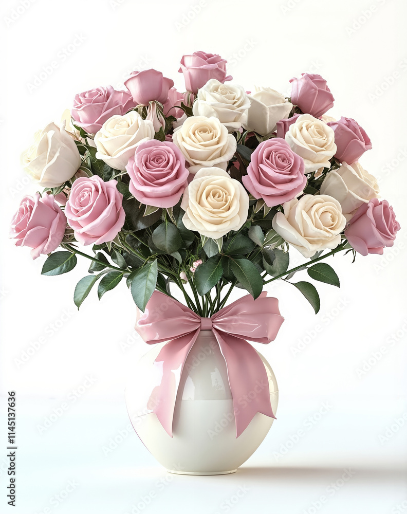 A vase filled with pink and white roses with a pink bow A vase filled with pink and white roses with a pink bow