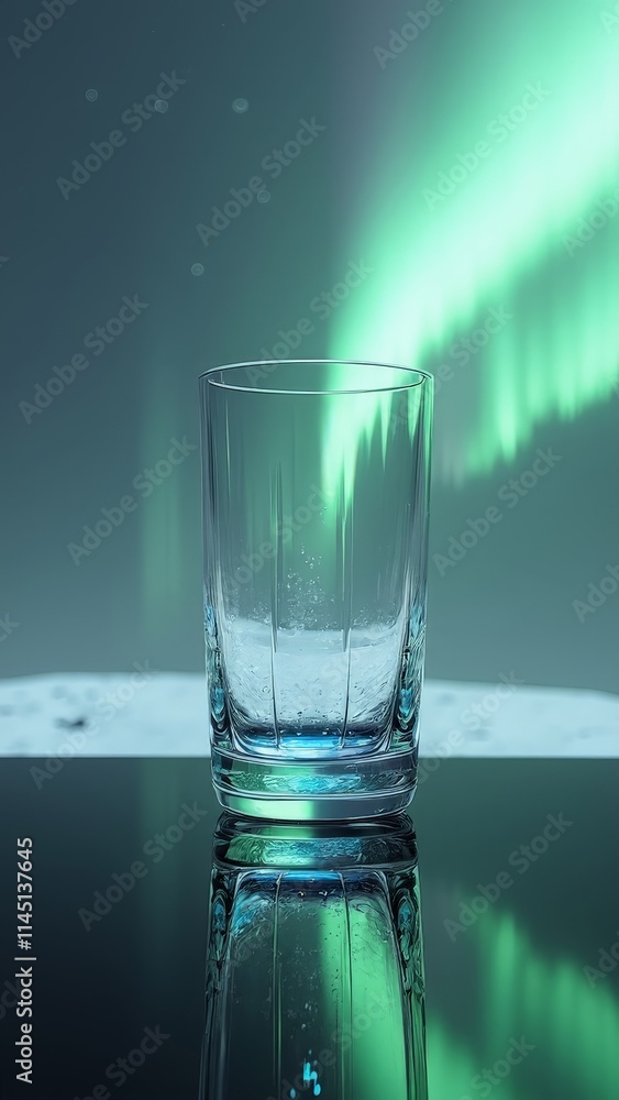 Glass reflecting the Aurora Borealis on a black reflective surface Glass reflecting the Aurora Borealis on a black reflective surface