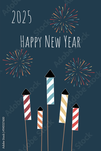 Happy New Year - Schriftzug in englischer Sprache - Frohes neues Jahr. Neujahrskarte mit bunten Raketen und Feuerwerk.