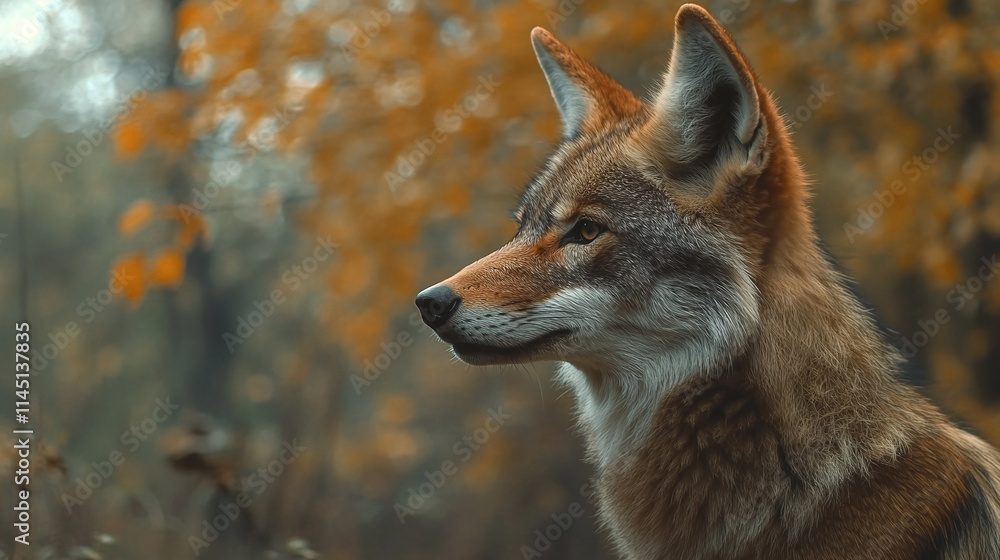 Fototapeta premium Coyote wildlife portrait in forest setting, beautiful grey predator face closeup, wild canine mammal with orange fur, carnivore animal in nature habitat, adorable canis latrans profile in wilderness.
