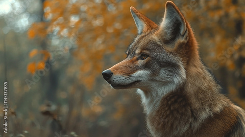 Coyote wildlife portrait in forest setting, beautiful grey predator face closeup, wild canine mammal with orange fur, carnivore animal in nature habitat, adorable canis latrans profile in wilderness. photo