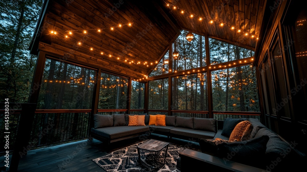 Cozy indoor space with string lights and comfortable seating in nature. Cozy indoor space with string lights and comfortable seating in nature.