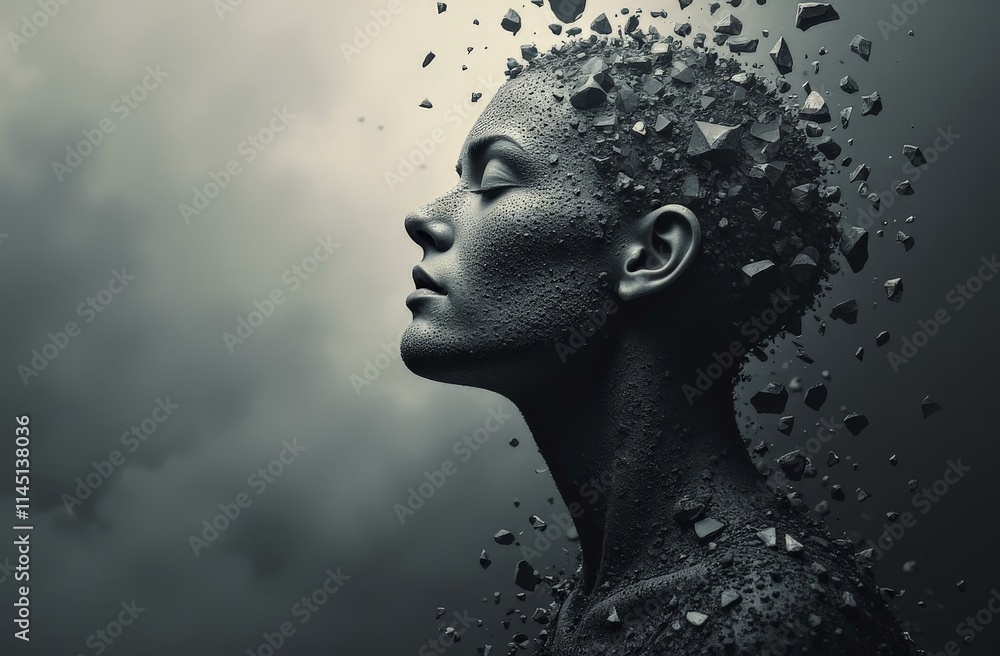 Abstract sculpture of a fragmented face dissolving into particles Abstract sculpture of a fragmented face dissolving into particles