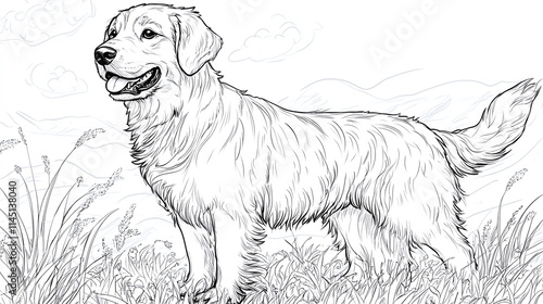 Golden retriever dog coloring page design, cute puppy outline for children book, happy pet character sketch for preschool education, friendly animal doodle illustration, adorable drawing in nature.