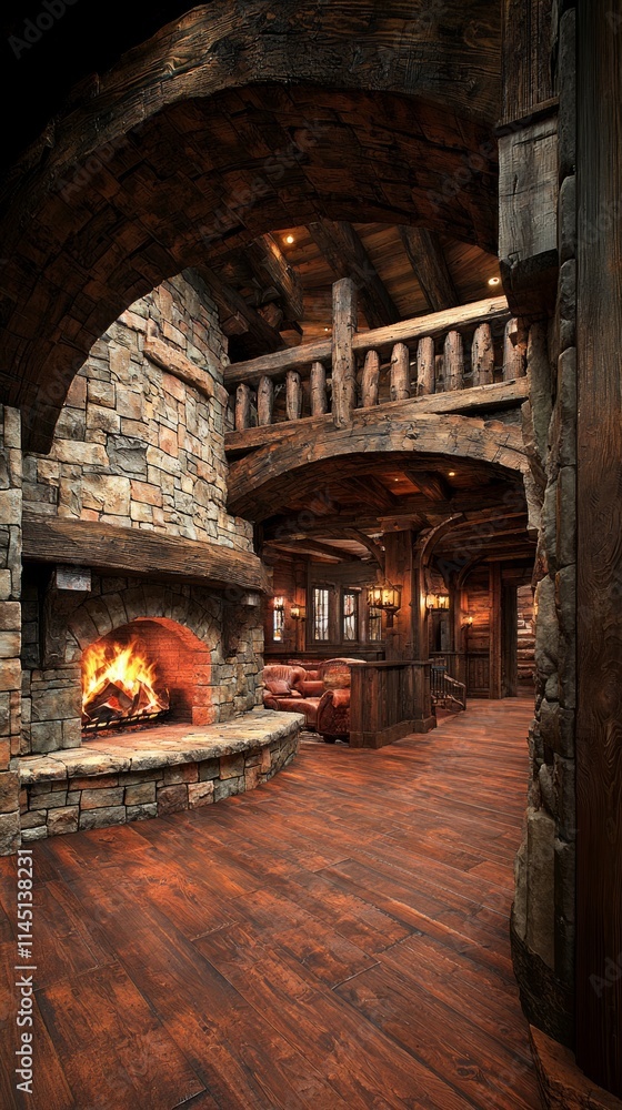 Cozy interior of a rustic stone fireplace setting with wooden accents. Cozy interior of a rustic stone fireplace setting with wooden accents.