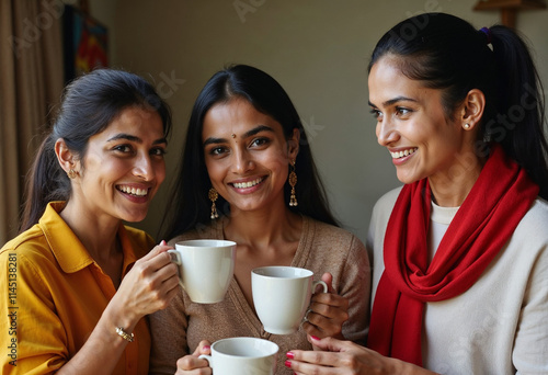 Cheerful Indian family having tea or coffee together at home looking at camera