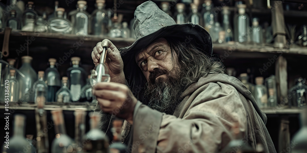 Elderly Man in Robe Using Pipette with Glass Bottles Elderly Man in Robe Using Pipette with Glass Bottles