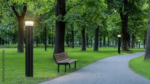 Fototapeta Naklejka Na Ścianę i Meble -  Amidst a serene park setting, a green public trash can stands by a pathway, offering convenience for park visitors enjoying nature