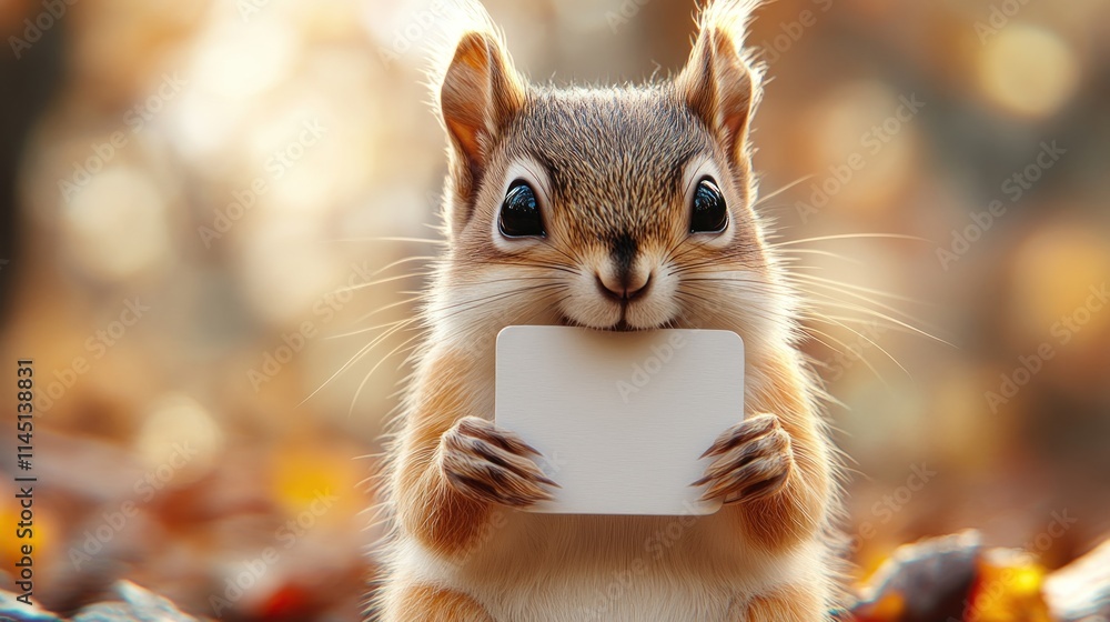 A cute squirrel holding a blank card in a warm, autumn setting. A cute squirrel holding a blank card in a warm, autumn setting.