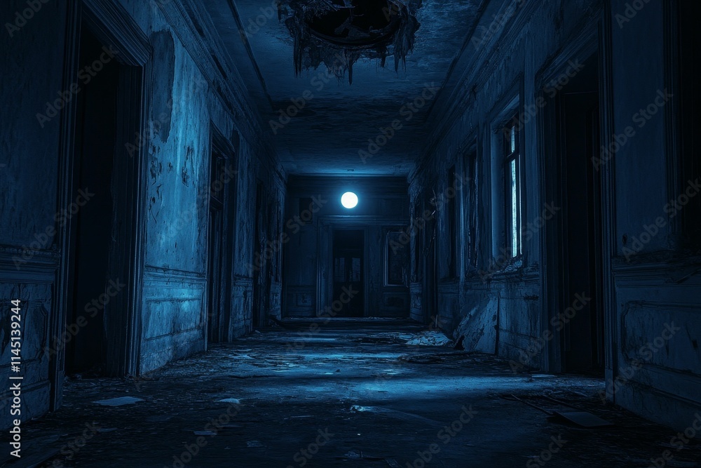 Dark, decaying hallway; single light, ominous atmosphere. Dark, decaying hallway; single light, ominous atmosphere.
