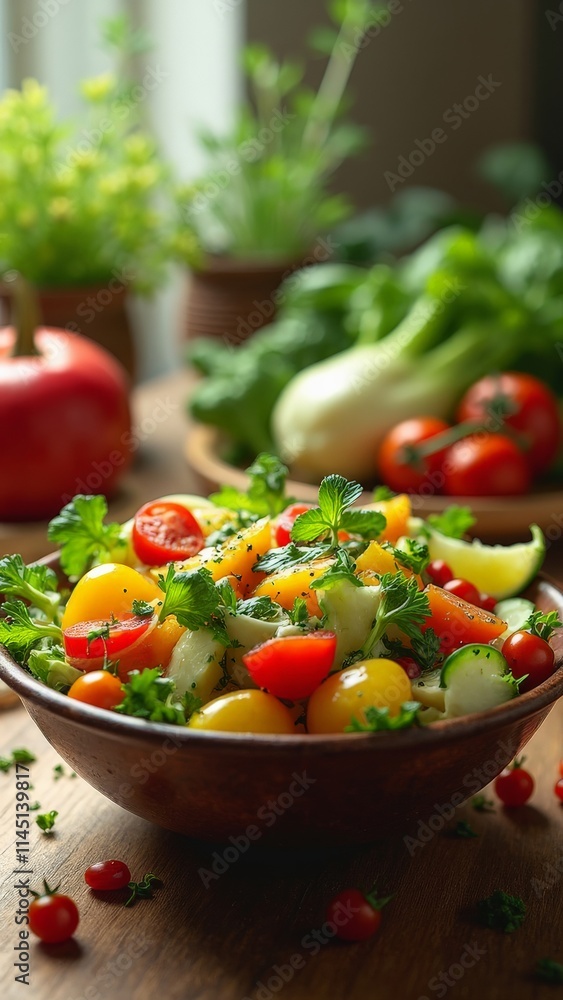 Bowl of fresh salad with tomatoes and herbs in cozy kitchen