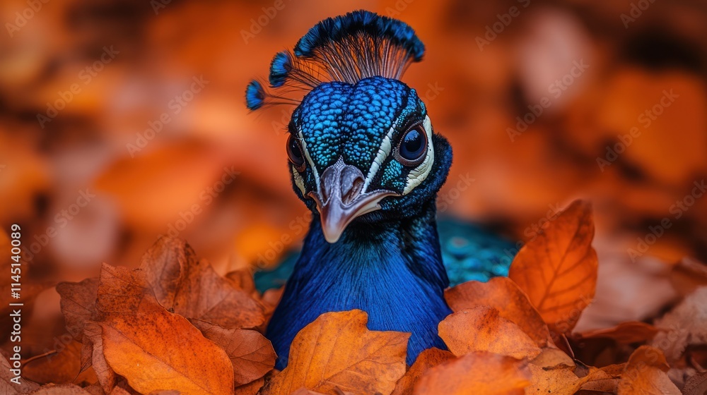 Obraz premium A peacock nestled among vibrant autumn leaves.