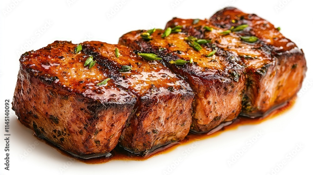 Grilled meat cubes, seasoned and glazed, isolated on white. Grilled meat cubes, seasoned and glazed, isolated on white.