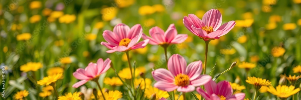 Vibrant yellow daffodil flowers blooming in a lush field under the bright sun, floral, sunny Vibrant yellow daffodil flowers blooming in a lush field under the bright sun, floral, sunny