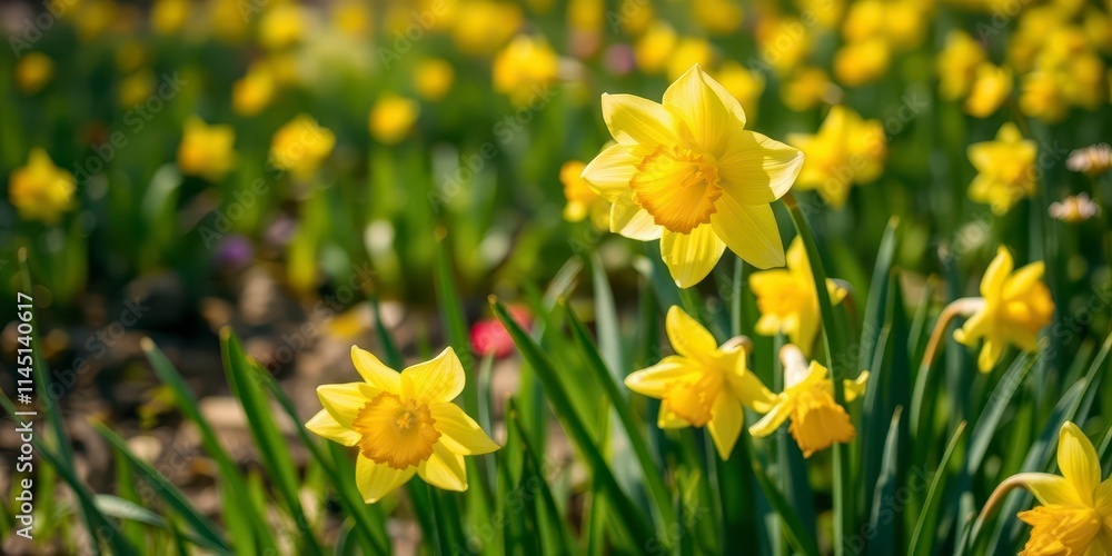 Vibrant yellow daffodil flowers blooming in a lush green field under the sun, freshness, flora, daffodil Vibrant yellow daffodil flowers blooming in a lush green field under the sun, freshness, flora, daffodil