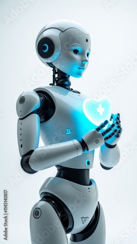 Futuristic robot holding a glowing heart symbolizing healthcare photo