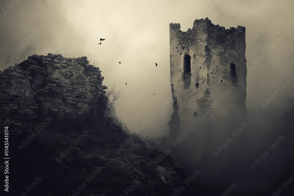 Fototapeta premium Foggy ruins, stone walls, birds fly overhead.