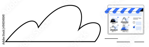 Cloud shape next to online store webpage with blue storefront awning, product listings, and shopping cart icons. Ideal for e-commerce, digital marketplaces, cloud computing, online businesses