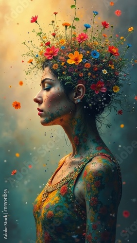 Profile of a woman with floral patterns and vibrant colors photo