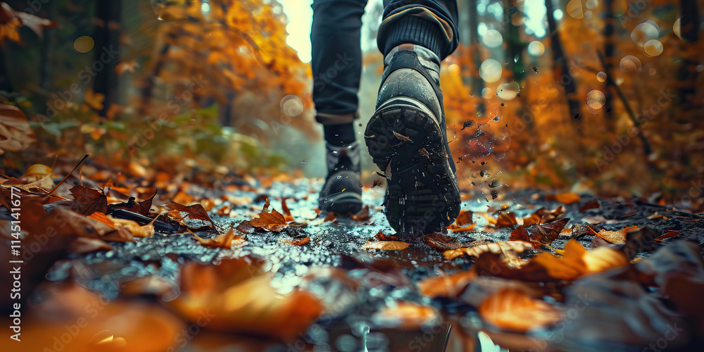 Hiking Boots on Wet Autumn Leaves Hiking Boots on Wet Autumn Leaves