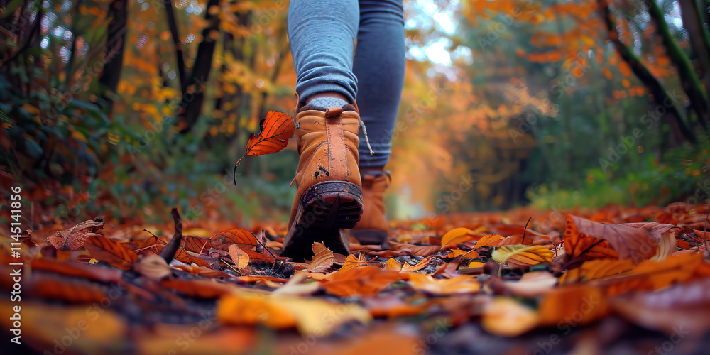 Person Walking on Autumn Leaves in Forest Person Walking on Autumn Leaves in Forest