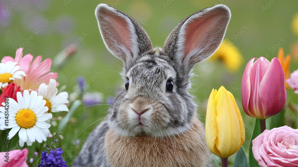 Adorable Cute Rabbit Surrounded by Vibrant Spring Flowers, Easter Bunny Adorable Cute Rabbit Surrounded by Vibrant Spring Flowers, Easter Bunny