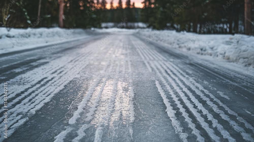Slippery Winter Road with Ice and Snow, Weather Conditions Slippery Winter Road with Ice and Snow, Weather Conditions