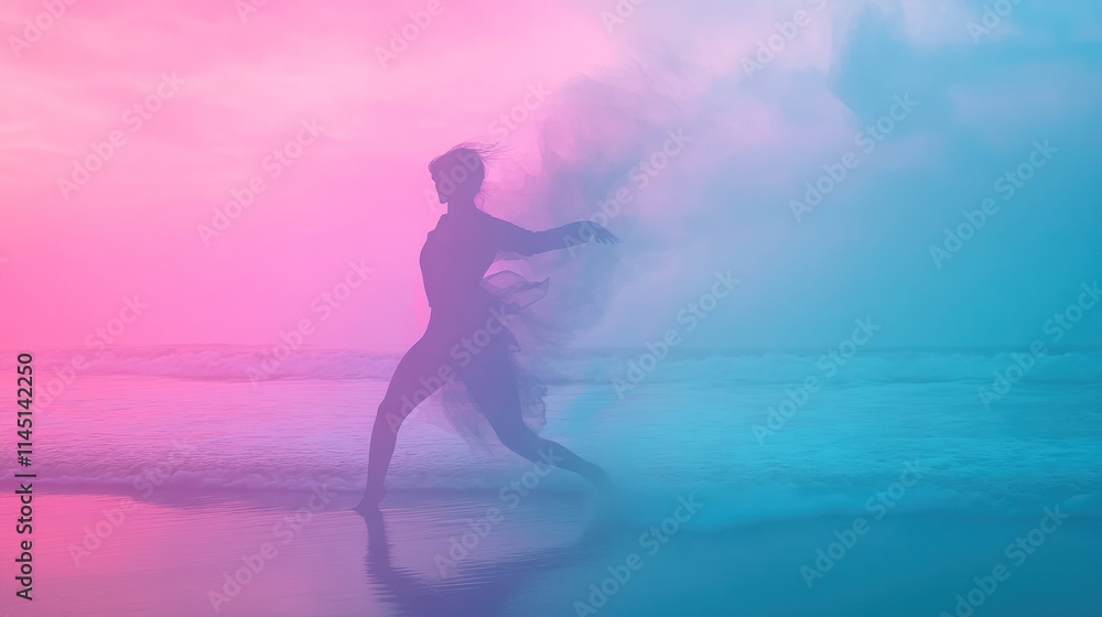 Silhouette of a dancer on a beach at sunset, surrounded by pink and blue smoke. Silhouette of a dancer on a beach at sunset, surrounded by pink and blue smoke.