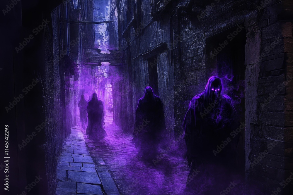 Purple-lit alleyway, hooded figures, eerie atmosphere. Purple-lit alleyway, hooded figures, eerie atmosphere.