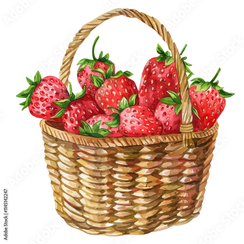 A watercolor vector of a basket of freshly picked strawberries, isolated on a white background. Basket of freshly picked strawberries vector.
