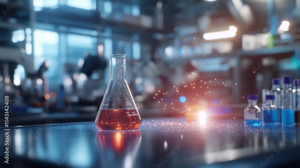 Laboratory scene with a flask and vials, showcasing scientific research. Laboratory scene with a flask and vials, showcasing scientific research.
