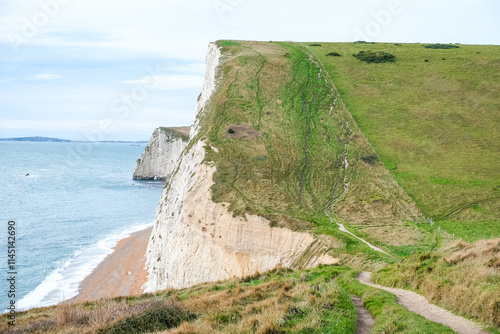 Bat's Head. Man O'War Beach and Durdle Door on Jurassic Coast, Dorset, England. Scenic bay surrounded by Jurassic Coast rocks. beautiful landscape and seascape view. Dorset coastline looking towards P photo