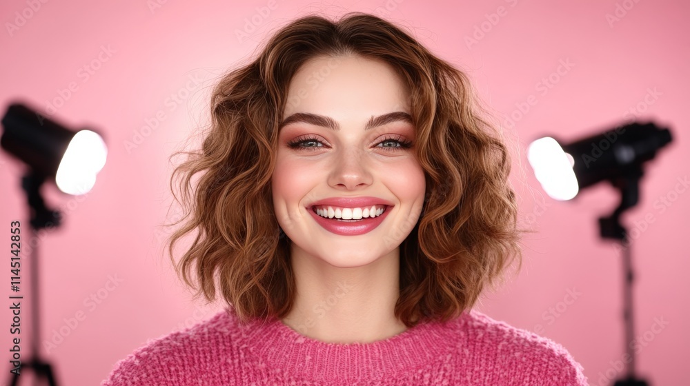 Fototapeta premium Confident young woman smiling brightly in a photography studio illuminated by vibrant pink lighting and surrounded by professional equipment