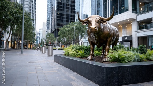 Bronze bull statue in city street.