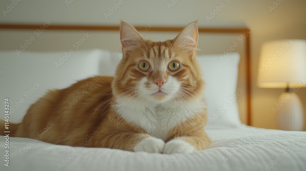 Ginger cat lounging on a soft bed in a tranquil bedroom with natural lighting embodying peace comfort and the charm of relaxed domestic life
