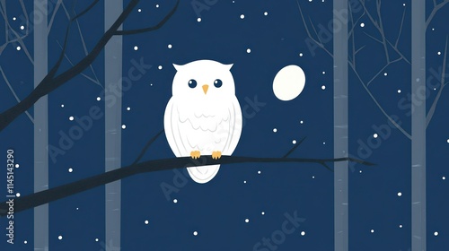 Snowy owl perched on a branch at night in a winter forest with a full moon. photo