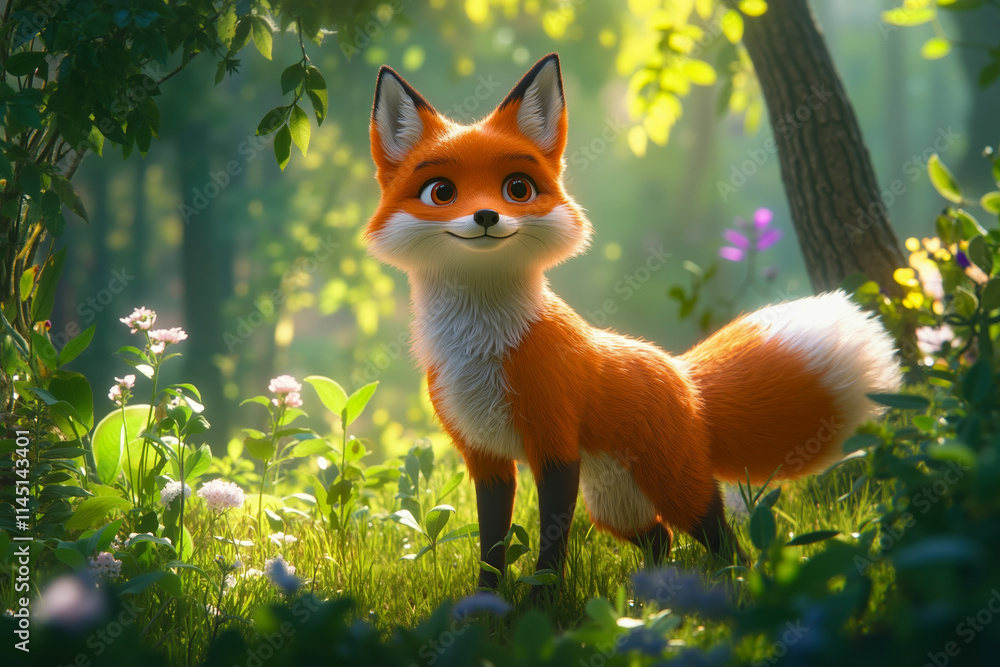 Fototapeta premium A cartoon fox standing in a lush green forest