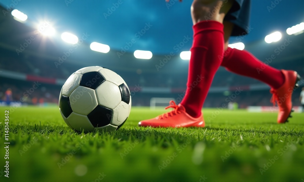 Soccer ball on grass field stadium lights player Soccer ball on grass field stadium lights player