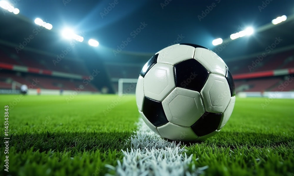 Fototapeta premium Soccer ball artificial turf nighttime floodlights dramatic lighting